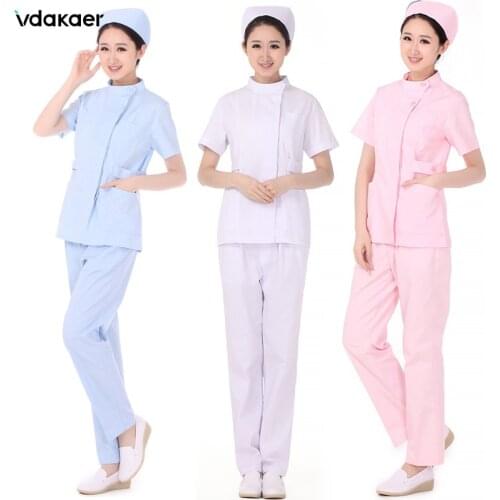 Women Short Sleeves Solid Color Hospital Doctor Uniform Scrub Tops + pant Medical Services Lab Coat Adult Nurse Costume