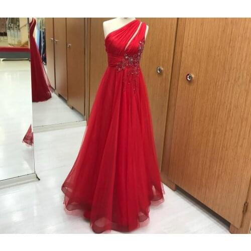 Vintage Long One Shoulder Beaded Tulle Evening Dresses A-Line Floor Length Zipper Back Formal Party Dress for Women