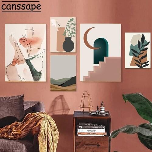 Abstract Wall Art Posters Boho Prints Minimalist Print Nordic Poster Watercolor Line Painting Plant Leaves Pictures Home Decor