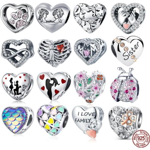 BAMOER Cat Love Heart-shape Charm 925 Sterling Silver Paw Footprints Heart Charms for Bangle Bracelet Fine Jewelry SCC1191