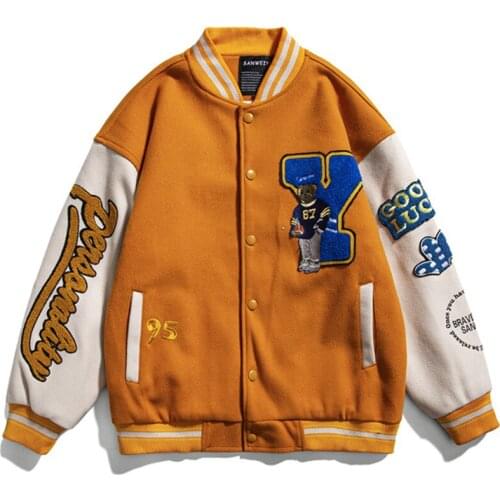 Baseball Jacket Men Cartoon Bear Letter Embroidery Patchwork Oversize Loose College Style Bomber Jackets Unisex Couple 2021