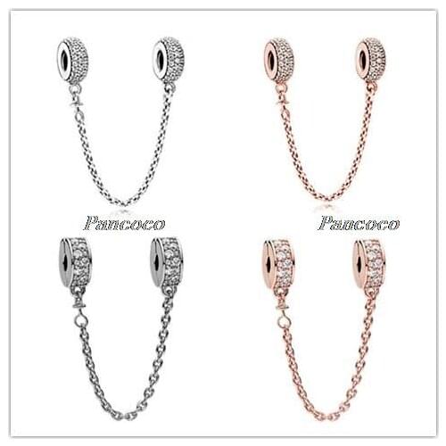 925 Sterling Silver Bead Charm Pave Inspiration Crystal Safety Chain Beads Fit Pandora Bracelet & Necklace DIY Jewelry