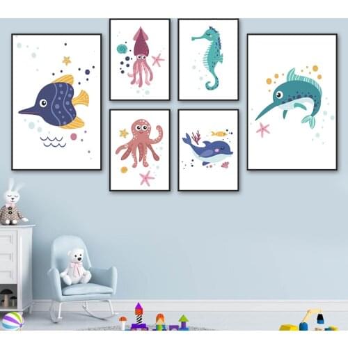 Dolphin Octopus Hippocampus Marine Life Wall Art Canvas Painting Nordic Posters And Prints Wall Pictures Baby Kids Room Decor