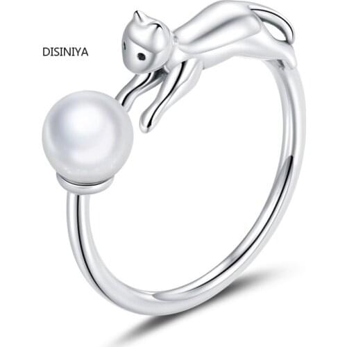 Real Silver 925 Rings Naughty Cat with Ball Open Finger Rings for Women Shell Pearl Free Size Silver OOTD Jewelry SCR25683
