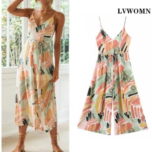 LVWOMN Summer Jumpsuit Women 2021 Za Sexy V neck Print Backless Sleeveless Loose Jumpsuits Casual Holiday Beach Women Clothing