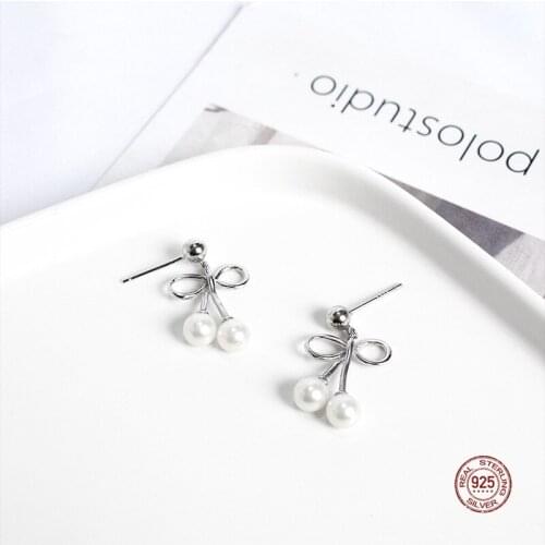 LKO 925 Sterling Silver Exquisite Simple Temperament Bow Pearl Pendants Earrings Fashion Jewelry Accessories Earrings For Women