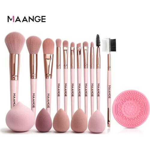 MAANGE 7/11Pcs Pink Makeup Brushes Set with 5Pcs Min Sponge＆1 Cleaner Powder EyeShadow Blending Eyebrow Cosmetic Tool Set