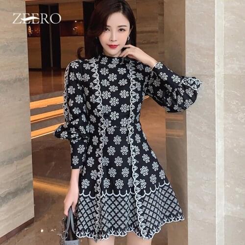 Fashion Runway Autumn Puff Long Sleeve A-line Short Dress Women Stand-up Collar Embroidery Flowers Slim Mini Party Dresses