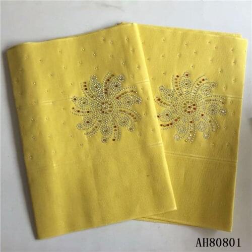 Nigerian gele headtie with beads yellow fashion african women stoned aso oke headtie high quality for party 2pieces/lot
