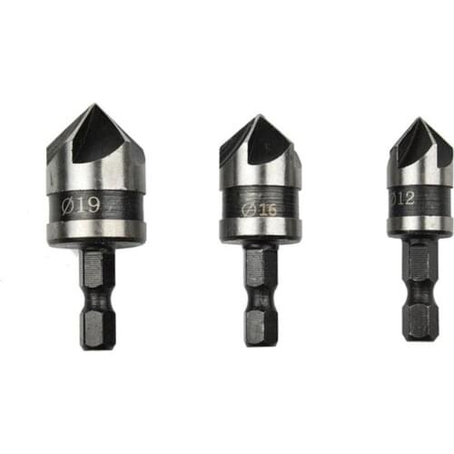 Wholesales 3Pcs 90 Degree Hex Shank Countersink Drill Bit 5 Flute 12-19mm Woodworking Counter Sink Chamfering Debur Tool Sets