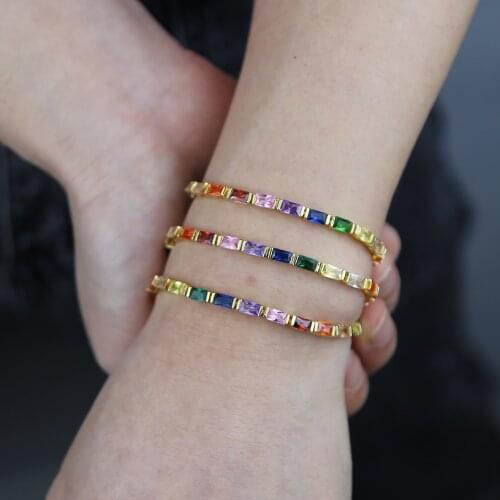 Wholesale New design rainbow Baguette square cz paved women bridge bracelets colorful crystal wrist bangle girl hip hop jewelry