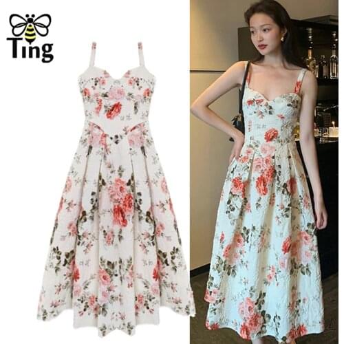Tingfly Vintage Elegant Summer Strap Sleeveless A Line Party Dresses Fashion Sweet Girl Midi Long Floral Print Vestidos Clothes