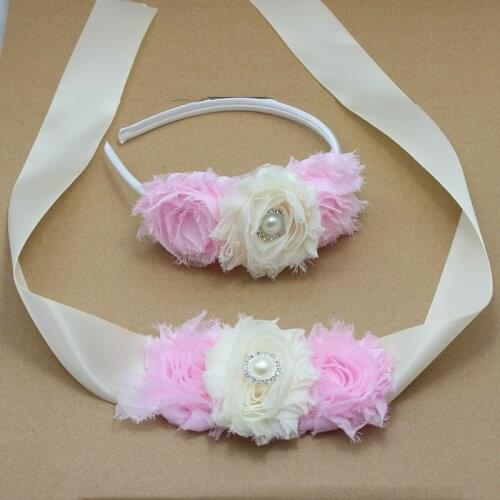 PINK AND IVORY shabby flower Sash and headband with pearl wedding Bridal Belt Dress gown sash girl dress hair accessories