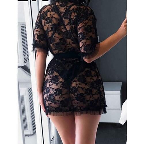 Sexy Lingerie Women Ladies Black Lace Robe Sleepwear Dress See Through Female Floral Babydoll Nightgown Costumes