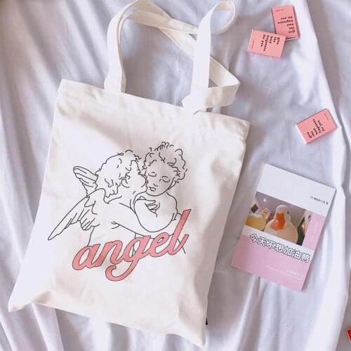 White Totes Angel New Female College Canvas Shoulder Bag Fashion Casual Letter Cartoon Print Large Capacity Print Bags
