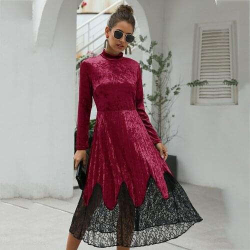 Spring Solid Fashion Velet Mid Length Dress Autumn Long Sleeves Lace A-line Zipper Up Pleated Large Size Burgundy Party Dress