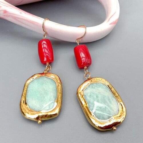 YYGEM Natural Rectangle Amazonite Nugget Red Coral tube Hook Dangle Earrings