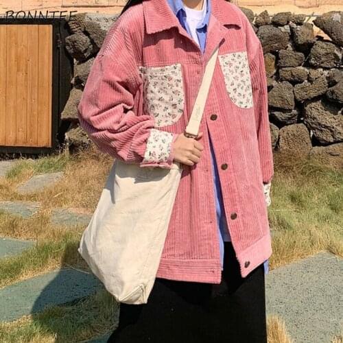 Corduroy Jackets Women College Lovely Spliced Floral Loose Single Breasted Turn-down Collar Vintage Sweet Young Style Outwear