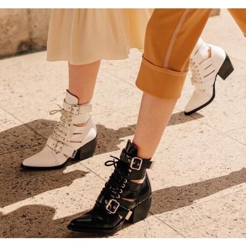 Real leather woman pointed toe hollow belt buckle flat ankle woman boots cool woman leather lace up belt buckle boot real photos