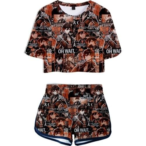 Popular 3D Genshin Impact Women Two Piece Sets Crop Tops T-shirt+Shorts Summer Anime Hip Hop Girls Printed Game Suits Clothing
