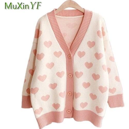 Womens Autumn Winter Fashion V-Neck Sweater Cardigan 2021 New Korean Loose Heart Knitted Coats Lady Casual Joker Pink Outerwear