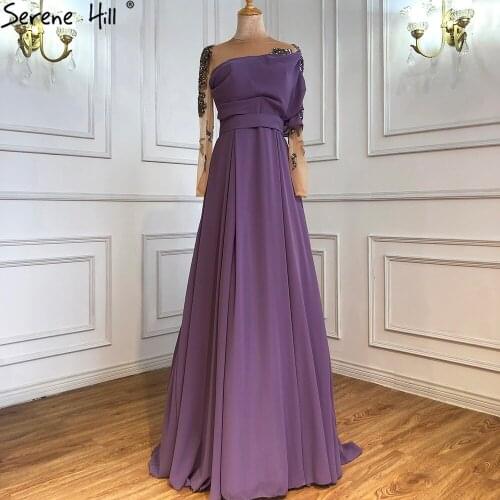 Serene Hill Musllim Purple A-Line Evening Dresses Gowns 2021 Beading Diamond Satin Sexy For Woman Party CLA71053