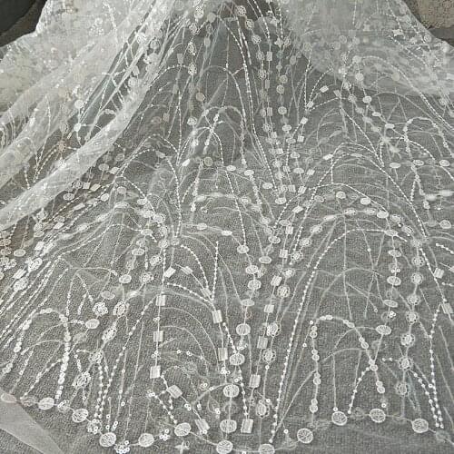 1Y/lot Off White Embroidery Lace Sequins Fabric Textile For Wedding Dress DIY Accessories