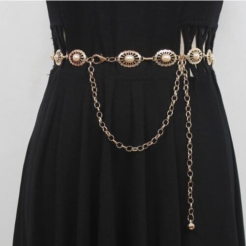 2021 Designer Pearl Waist Chain Belt Women Metal Chain Alloy Belly Body Chain Vintage Hollot Out Pendant Body Chain Silver Gold
