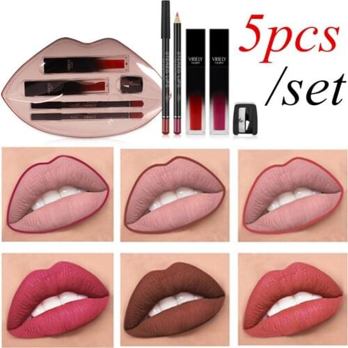 5Pcs Mixed Sexy Long-lasting Waterproof Lipstick Cosmetic Set Matte Liquid Lipstick and Lips pencil Matte Lip gloss Lip Beauty