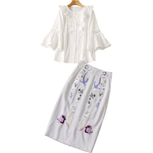 Ruffled Flare Sleeve White Blouses + Flowers And Birds Embroidered Bodycon Midi Skirt