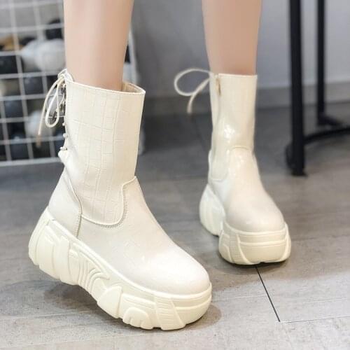 Llogai Fashion Round Toe Martin Boots Sexy Lace Up Platform Socks Boots Solid Color Patent Leather Harness Boot Zapatillas Mujer