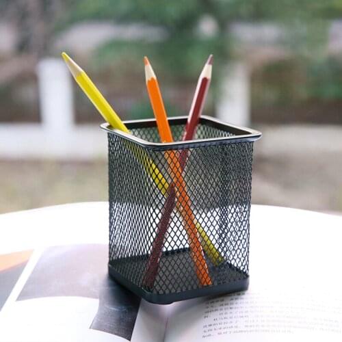 Black square simple mesh pen container, multi-functional iron mesh pen container storage box, office table fashion decoration