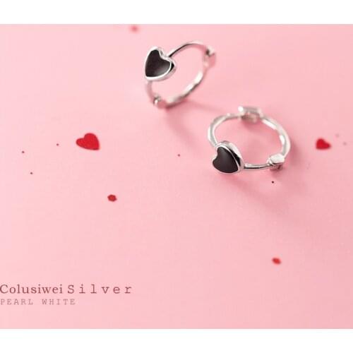 Colusiwei Authentic 925 Sterling Silver Black Enamel Love Hearts Hoop Earring for Women Simple Earring Fine Jewelry Student Gift