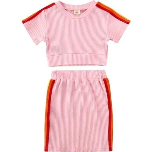 Focusnorm 1-6Year Toddler Kid Baby Girl Summer Striped Clothes Sets Pink Short Sleeve Crop Top Mini Skirt 2PCs Outfit