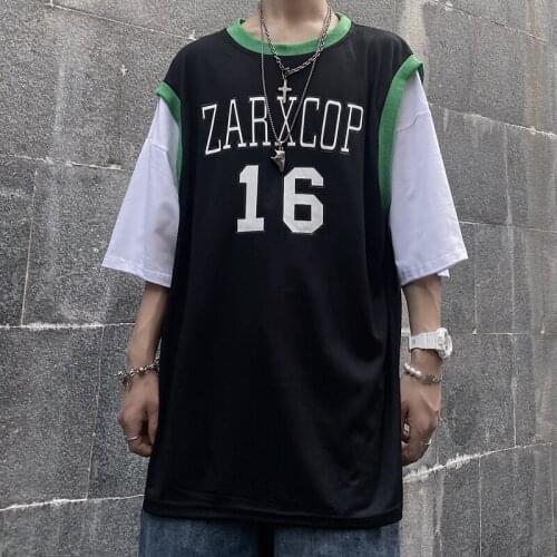 Fake Two Pieces Patchwork Youthful Vitality Hong Kong Style Tshirt Funny Vintage Comfortable Clothes Cotton New 2021 Streetwear