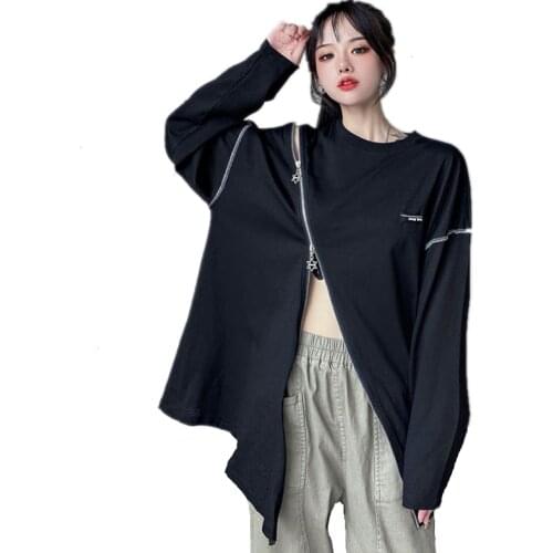 Spring Summer Streetwear Solid Long Sleeves T Shirt Women Double Oblique Zipper Hollow Shoulder Tshirts Casual Oversized Top Tee