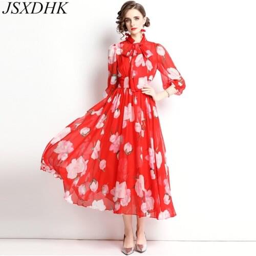 JSXDHK Elegant Women Chiffon Red Flower Long Dress 2021 New Autumn Bow Collar Floral Print Puff Sleeve Holiday Beach Maxi Dress