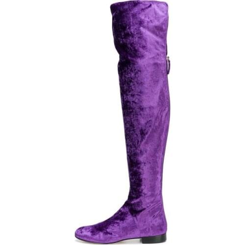 Fashion Woman Purple Rose Blue Velvet Thigh High Boots Solid Color Flat Knight Boots Woman Round Toe Zip Over the Knee Boots