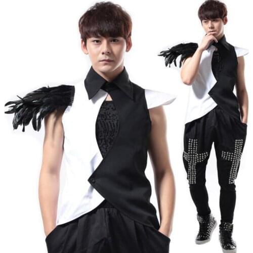Original colete masculino men feather vest clothing camiseta tirantes personalized singer dance stage street star style dress