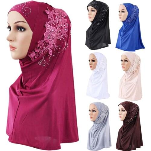 Women Solid Color Lace Rhinestone Muslim Hijab Wrap Islamic Scarf Cap Head Cover