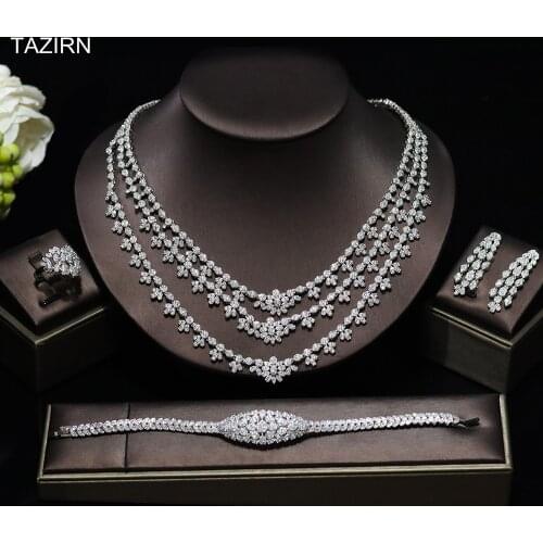 Luxury AAA Full Cubic Zirconia Wedding Jewelry Set for Women Arabic Dubai CZ Platinum Plated Necklace Earring Bracelet Rings