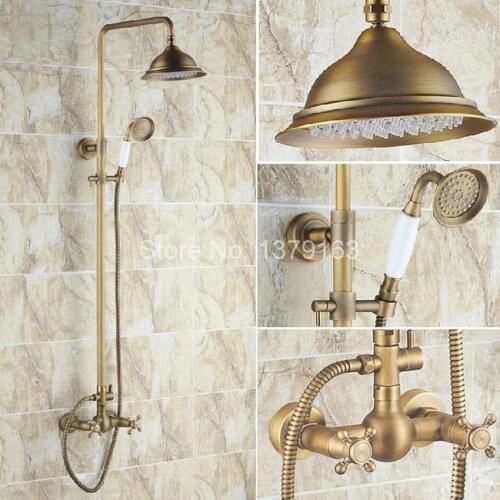 Luxury Bathroom Rain Shower Faucet Set Antique Brass Handheld Shower Head Two Cross Handles Bath Mixer Tap ars110