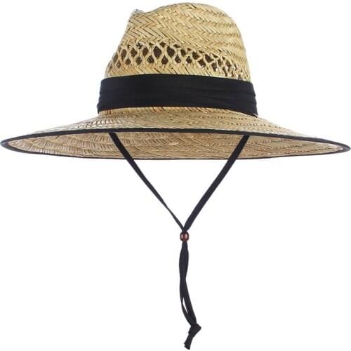 Classic Handwork Women Men Lifeguard Hat Straw Cowboy Summer Beach Sun Hat Black Red Ribbon Outdoor Wide Brim Panama Hat Cowgirl