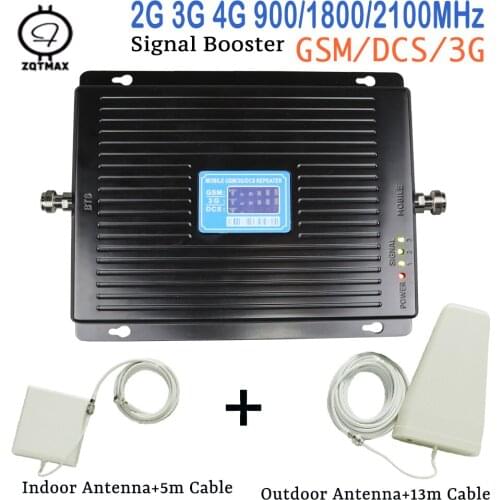GSM DCS WCDMA Tri Band Mobile Phone Signal Booster 75dB 2g 3g 4g repeater smart amplifier set UMTS LTE data Cellular amplifier