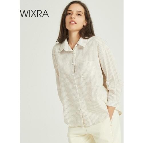Wixra Women Striped Blouse Ladies Casual Long Sleeve Turn-down Collar Basic Loose Shirts Autumn Spring Pockets Casual Tops