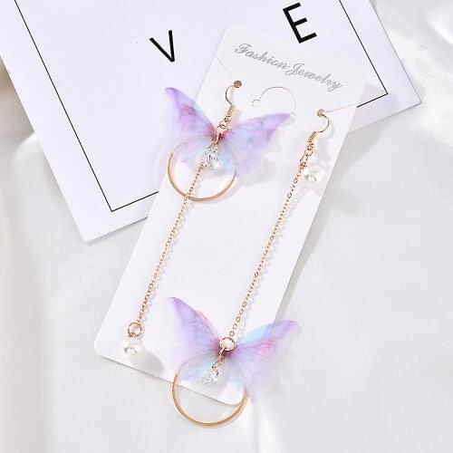 Asymmetry Butterfly Pearl Earrings for Women Long Bow-knot Circle Bead Tassel Bohemian Earring Female Fashion Jewelry Lady Gift