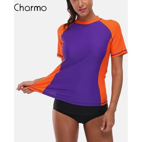 Charmo Women Short Sleeve Rash Guard Shirts Rashguard Swimwear Surf Top UPF 50+ Running Shirt Biking Shirt Swimsuit surfing suit