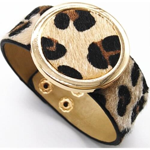 Girl Square New Hot Round Circle Fashion Leopard Print Wide Leather Bracelets Women Vogue Bangle Female Wedding Jewelry