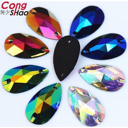 Cong Shao 50Pcs 16*28mm Drop shape Black Crystals AB Rhinestone Flatback sewing 2 Hole Stones Resin For DIY Wedding Dress CS766
