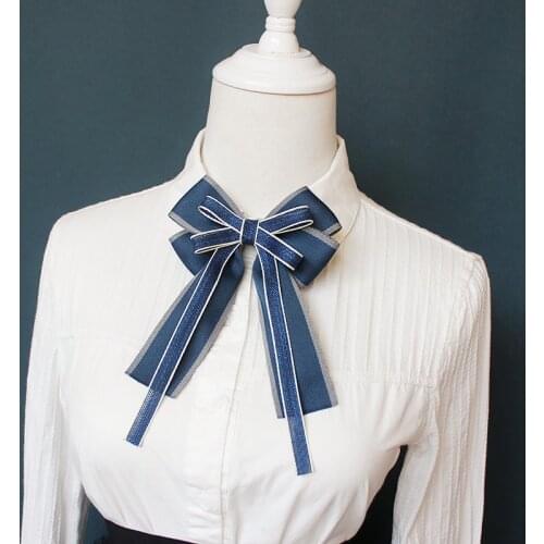 Black Ribbon Bow Tie for Women Girls Brooch Crystal Blouse Collar Pin Bowknot School Student Shirt Bowtie Clothing Accessories